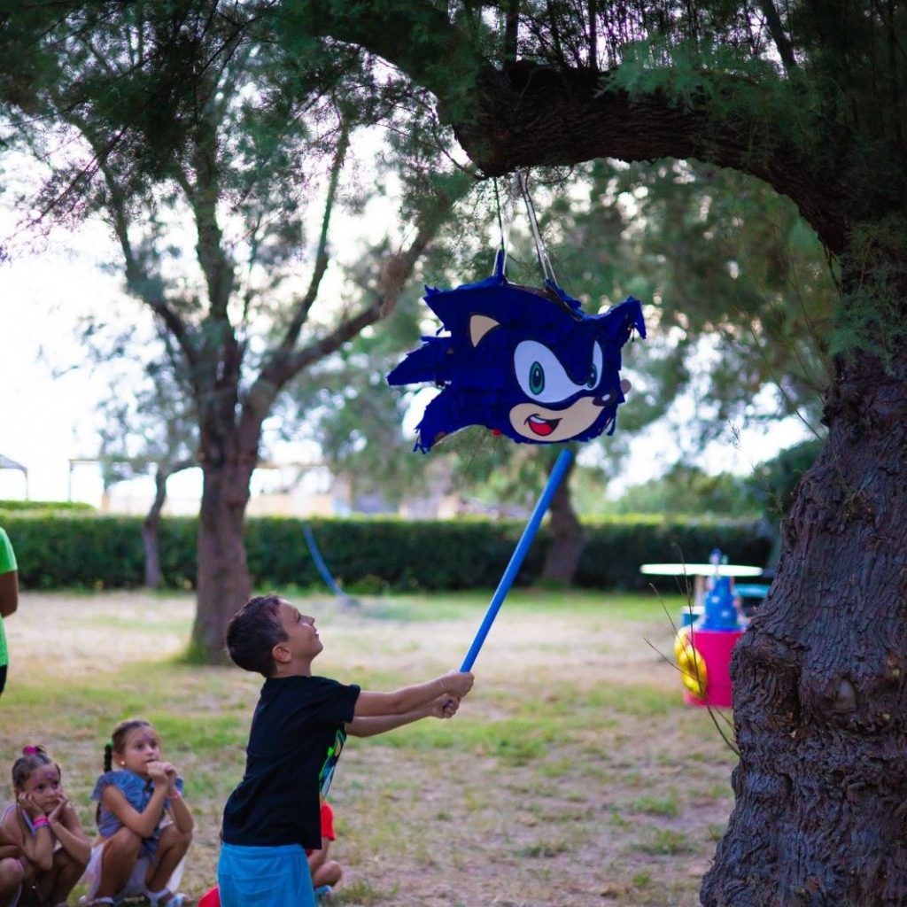 Bambino colpisce la pignatta appesa all'albero durante un compleanno